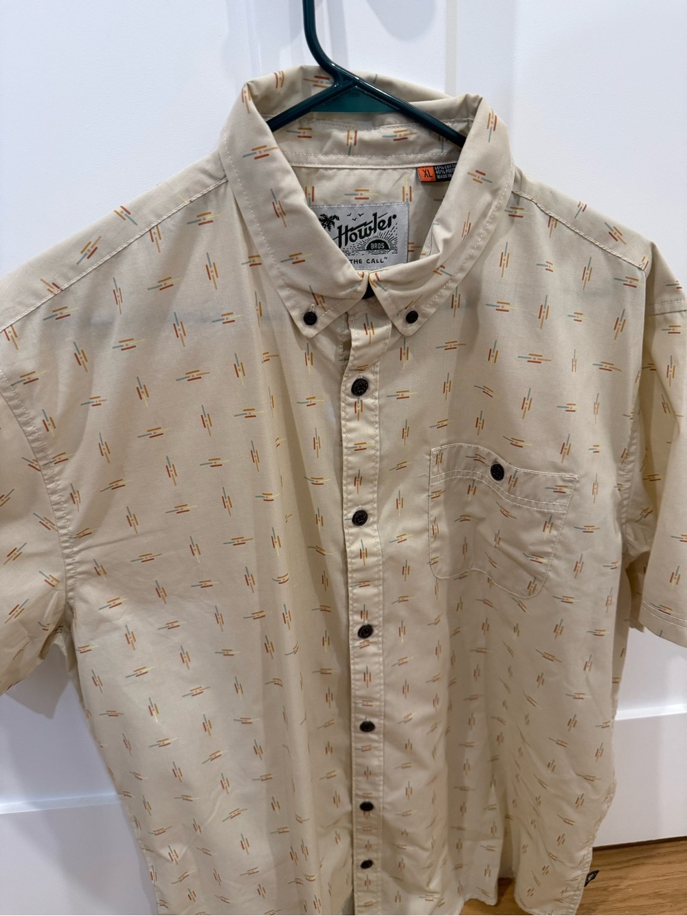 Howler Brothers Beige Short-Sleeve Button-Down with Subtle Orange Print
